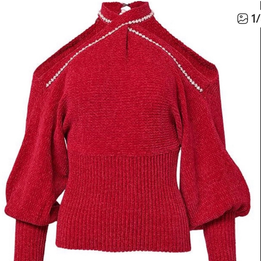NWOT!!!VENUS Stylish Red Chenille Embellished Off-Shoulder Sweater - Picture 5 of 5